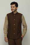 Buy_Abraham & Thakore_Brown Twill Spaced Out Stitch Lines Bundi _at_Aza_Fashions