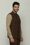 Abraham & Thakore_Brown Twill Spaced Out Stitch Lines Bundi _Online_at_Aza_Fashions