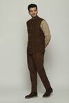 Buy_Abraham & Thakore_Brown Twill Spaced Out Stitch Lines Bundi _Online_at_Aza_Fashions