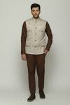 Buy_Abraham & Thakore_Beige Silk Stripe Texture Tonal Trupanto Stitch Bundi _at_Aza_Fashions