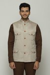 Buy_Abraham & Thakore_Beige Silk Stripe Texture Tonal Trupanto Stitch Bundi 