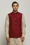 Abraham & Thakore_Maroon Silk Stripe Texture Tonal Trupanto Stitch Bundi  _at_Aza_Fashions