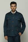 Abraham & Thakore_Blue Silk Stripe Texture Tonal Trupanto Stitch Line Jacket _at_Aza_Fashions