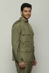 Abraham & Thakore_Green Silk Stripe Texture Tonal Trupanto Stitch Line Jacket _Online_at_Aza_Fashions