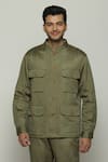 Abraham & Thakore_Green Silk Stripe Texture Tonal Trupanto Stitch Line Jacket _at_Aza_Fashions