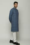 Abraham & Thakore_Blue Poplin Pleated Check Long Band Collar Kurta  _Online_at_Aza_Fashions