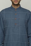 Shop_Abraham & Thakore_Blue Poplin Pleated Check Long Band Collar Kurta  _Online_at_Aza_Fashions