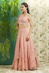 Shop_Alaya Advani_Peach Organza Hand Embroidered Thread And Floral Stripe Pattern Lehenga Set_Online_at_Aza_Fashions