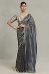 Shop_Pranay Baidya_Blue Tissue Woven Stripe Thin Saree _Online_at_Aza_Fashions