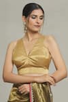 Buy_Pranay Baidya_Gold Tissue Plain Deep V Neck Princess Cut Metallic Blouse _at_Aza_Fashions