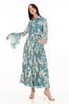 Buy_Koai_Blue Chiffon Embroidery Collared Foliage Pattern Ruffle Shirt _at_Aza_Fashions