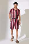 KoAi_Red Heavy Cotton Silk Striped Shorts _at_Aza_Fashions