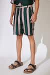 KoAi_Green Heavy Cotton Silk Stripe Pattern Shorts _at_Aza_Fashions