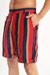 KoAi_Red Heavy Cotton Silk Striped Shorts _at_Aza_Fashions