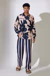 Buy_Koai_Blue Heavy Cotton Silk Stripe Pattern Pant _at_Aza_Fashions