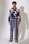 Koai_Blue Heavy Cotton Silk Stripe Pattern Pant _Online_at_Aza_Fashions
