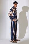 Buy_Koai_Blue Heavy Cotton Silk Stripe Pattern Pant _Online_at_Aza_Fashions