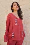 Buy_Ayaka_Red Viscose Tabby Hand Embroidery Floral V Neck Pearl Top  _Online_at_Aza_Fashions