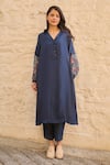 Buy_Ayaka_Blue Viscose Tabby Embroidered Sleeves Floral Lapel Cori Tunic  _at_Aza_Fashions