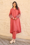 Buy_Ayaka_Red Viscose Tabby Embroidered Sleeves Floral Lapel Cori Tunic _at_Aza_Fashions