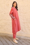 Shop_Ayaka_Red Viscose Tabby Embroidered Sleeves Floral Lapel Cori Tunic _Online_at_Aza_Fashions