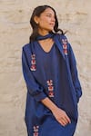 Ayaka_Blue Viscose Tabby Embroidery Floral Tie-up Neck Pony Tunic  _at_Aza_Fashions