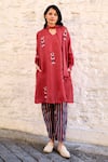 Buy_Ayaka_Red Viscose Tabby Embroidery Floral Tie-up Neck Pony Tunic  _at_Aza_Fashions