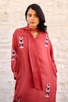 Ayaka_Red Viscose Tabby Embroidery Floral Tie-up Neck Pony Tunic  _at_Aza_Fashions