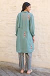 Shop_Ayaka_Blue Viscose Tabby Embroidery Floral Tie-up Neck Pony Flower Tunic _at_Aza_Fashions