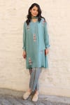 Buy_Ayaka_Blue Viscose Tabby Embroidery Floral Tie-up Neck Pony Flower Tunic _Online_at_Aza_Fashions