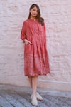 Buy_Ayaka_Red Viscose Tabby Handblock Printed Floral Ethel Box Pleated Dress  _at_Aza_Fashions