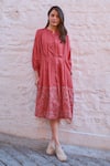 Ayaka_Red Viscose Tabby Handblock Printed Floral Ethel Box Pleated Dress  _Online_at_Aza_Fashions