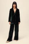 Buy_REENA SHARMA_Green Silk Velvet Plain Shawl Collar Jacket With Pant _at_Aza_Fashions