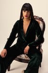 Shop_REENA SHARMA_Green Silk Velvet Plain Shawl Collar Jacket With Pant _Online_at_Aza_Fashions