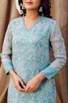 Shop_Missprint_Green Kurta And Dupatta Organza Printed Floral V Neck Hand Block Pant Set _Online_at_Aza_Fashions