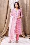 Buy_Missprint_Pink Kurta And Dupatta Organza Printed Floral Notched Hand Block Pant Set _at_Aza_Fashions