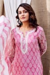 Shop_Missprint_Pink Kurta And Dupatta Organza Printed Floral Notched Hand Block Pant Set _Online_at_Aza_Fashions