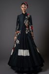 Rohit Bal_Black Chanderi Silk Print Musk Rose Mandarin Collar Front Open Longline Jacket _Online_at_Aza_Fashions