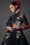 Shop_Rohit Bal_Black Chanderi Silk Print Musk Rose Mandarin Collar Front Open Longline Jacket _Online_at_Aza_Fashions