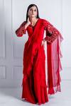 Buy_Radhika & Raghav_Red Georgette Embroidered Sequin V Raiden Floral Yoke Jumpsuit Saree _at_Aza_Fashions