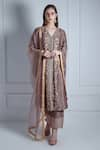 Buy_Radhika & Raghav_Brown Silk Chanderi Embroidery V Aafia Petunia Kurta Pant Set  _at_Aza_Fashions