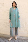 Buy_Ayaka_Blue Viscose Tabby Embroidery Floral Tie-up Neck Pony Flower Tunic _at_Aza_Fashions