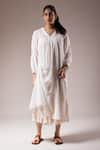 Buy_PRAMA BY PRATIMA PANDEY_White Handloom Cotton Plain V Neck Gathered Midi Dress With Inner  _at_Aza_Fashions