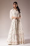 Buy_PRAMA BY PRATIMA PANDEY_White Silk Chanderi Hand Painted Floral Motif Collared Anarkali Dress  _at_Aza_Fashions