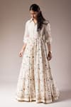 Shop_PRAMA BY PRATIMA PANDEY_White Silk Chanderi Hand Painted Floral Motif Collared Anarkali Dress  _at_Aza_Fashions