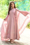 Shop_Safaa_Pink Vegan Silk Embroidery Thread Notched Elaheh Chikankari Anarkali Set _at_Aza_Fashions