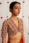 Buy_Mimamsaa_Red Brocade Silk Woven Beads V Neck Mehru Blouse _at_Aza_Fashions
