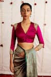 Buy_Mimamsaa_Magenta Satin Silk Placement Embroidery Sequins V Neck Nooreen Blouse _at_Aza_Fashions