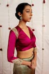 Shop_Mimamsaa_Magenta Satin Silk Placement Embroidery Sequins V Neck Nooreen Blouse _at_Aza_Fashions