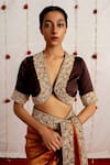 Buy_Mimamsaa_Brown Satin Silk Placement Embroidery Sequins V Neck Qudrah Blouse _at_Aza_Fashions